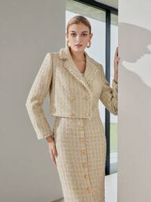 MOTF PREMIUM TWEED PLAID PATTERN LAPEL COLLAR RAW EDGE CROP BLAZER - Khaki - View 7