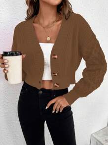 Chiquease 纯色短款开衫，棕色女款开衫 - 咖啡棕 - 查看 6