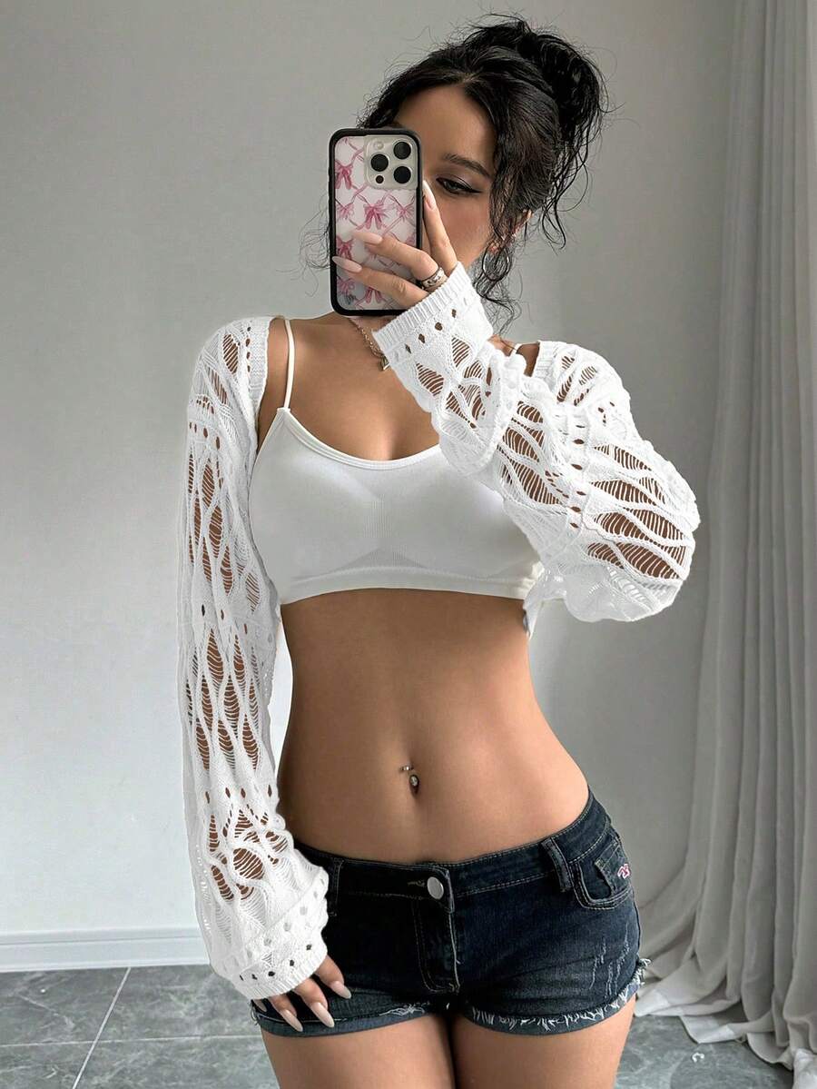 SHEIN Unity Áo len cardigan ngắn màu trơn cho nữ, mùa xuân và mùa hè - trắng - Xem 1