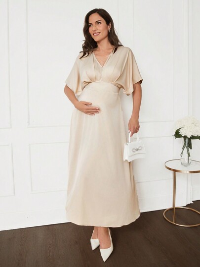 MaterniWear Maternity Elegant Chiffon Dress, Loose Casual Khaki Dress, For Party