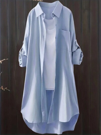 Chemise décontractée à manches retroussées, couleur unie, pour femme, printemps/automne, hauts à manches longues