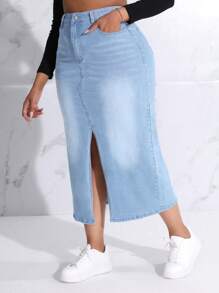 Slaydiva Váy denim dài maxi xẻ tà túi size lớn cho nữ - Rửa nhẹ - Xem 4