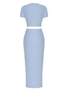 SHEIN SXY 2pcs/Set Casual Striped Print Cropped Short Sleeve T-Shirt And Bodycon Maxi Skirt, Summer Fall Clothes Women - White - View 5
