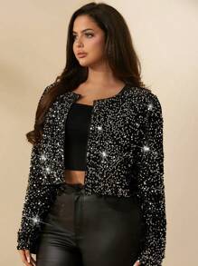 SHEIN BAE 秋季大码黑色和银色时尚亮片短款开衫夹克优雅夹克，适合正式约会和外出