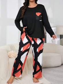 Geometric Print Round Neck Long Sleeve Top And Pants Plus Size Pajama Set