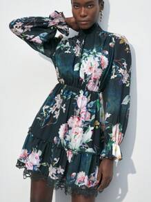 Maija Vestido floral elegante de manga larga y corta para mujer