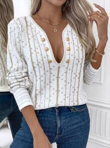 SHEIN LUNE Suéter de mujer con botones decorados con hilo dorado, suéter de punto para otoño e invierno - Multicolor - Ver 6