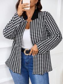 SHEIN Frenchy Plus Size Houndstooth Print Gathered Waist Jacket, Fall/Winter