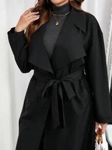 SHEIN Essnce Áo khoác trench coat hở trước cổ đen cỡ lớn cho nữ - màu đen - Xem 5