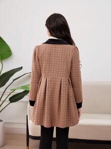 SHEIN 少女优雅千鸟格纹腰部拼接领口大衣，暖棕色调，秋冬 - 黑與白 - 查看 2