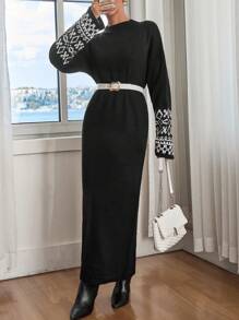 EURMUSE Sleeves Patterned Dress Fall Winter - Black - View 3