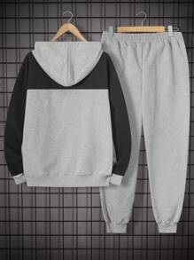 EURMUSE Men's Casual Contrast Color Patchwork Hoodie And Sweatpants Set - Grey - View 2