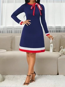 SHEIN Lady Vestidos de oficina de otoño e invierno, vestido azul marino de punto y rojo y blanco con cuello redondo, manga larga, línea A, vestidos para mujer con lazo en la parte delantera - Multicolor - Ver 4