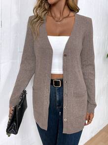 EMERY ROSE Áo len cardigan đơn giản tối giản cho nữ - Cà phê nâu - Xem 5