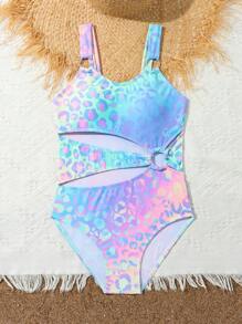 Tween 女童夏季海滩度假豹纹镂空连体泳衣 - 彩色 - 查看 3