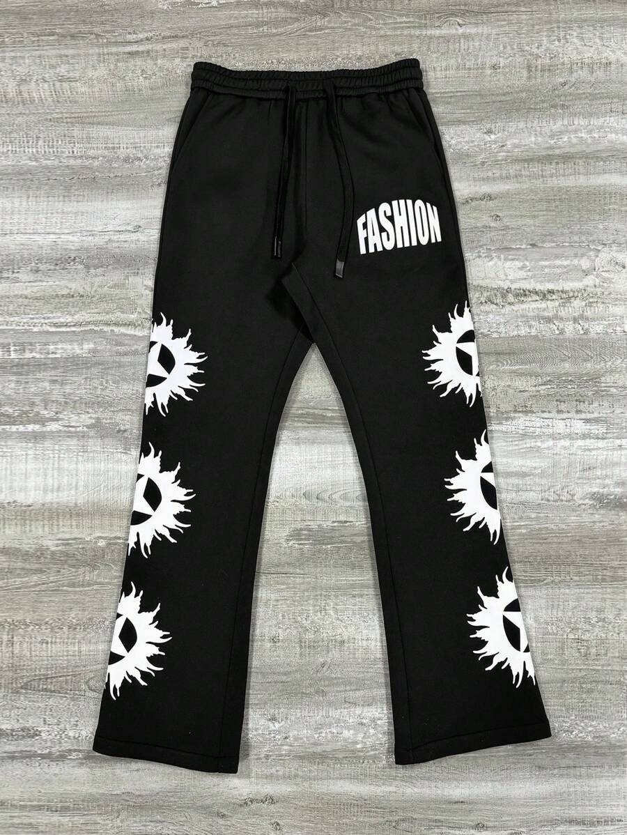 Manfinity Roghcode Pantalones holgados de campana con estampado de estilo callejero retro - Negro - Ver 1