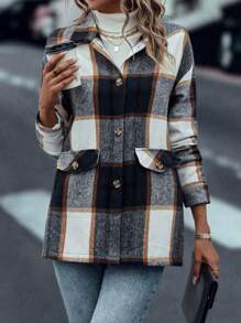 SHEIN LUNE 女士格子长袖宽松休闲衬衫和羊毛夹克套装，秋冬 - 彩色 - 查看 3