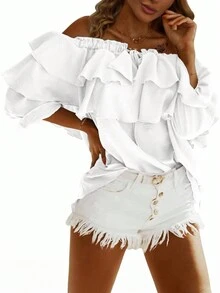 Blusa con hombros descubiertos y volantes, estilo hawaiano bohemio para vacaciones en la playa, unicolor para conciertos en el campo - Blanco - Ver 7