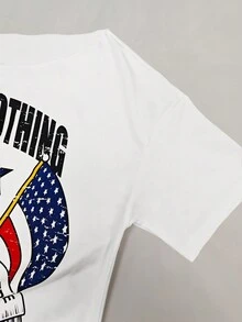 INAWLY Áo thun nữ tay ngắn cổ bất đối xứng in họa tiết tối giản, áo thun họa tiết mùa hè - trắng - Xem 4