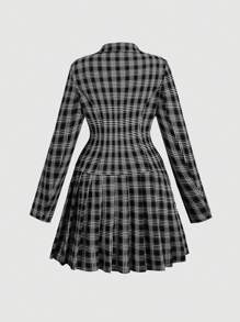 SHEIN MOD 大码格子领长袖前扣褶皱连衣裙 - 彩色 - 查看 2