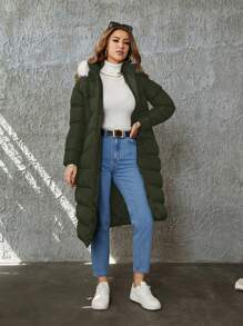 EURMUSE Women's Winter Splicing Fuzzy Hooded Long Sleeve Casual Padded Coat - Army Green - View 3