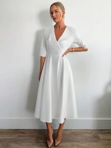 Firerie 女士优雅浪漫伴娘/婚礼/派对 V 领喇叭中袖 A 字中长连衣裙 - 白色 - 查看 1