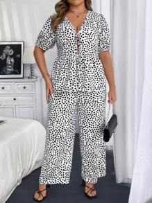 Franclia Plus Size Women Deep V-Neck Polka Dot Print Short Sleeve Blouse With Tie-Up And Loose Straight Pants