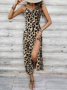 SHEIN Clasi 女式长款豹纹开衩下摆无袖连衣裙，夏季 - 彩色 - 查看 3