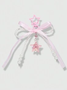 ROMWE Kawaii 1 chiếc nơ ngọc trai đính hạt thủ công đơn giản và dễ thương theo phong cách ngọt ngào thứ hai với ruy băng màu hồng, ngôi sao màu hồng, móc khóa mặt dây chuyền ngôi sao pha lê nhiều màu cho phụ nữ hoặc trẻ em gái, hoàn hảo để đeo hàng ngày hoặc làm quà tặng lễ hội Valentine - Hồng - Xem 1