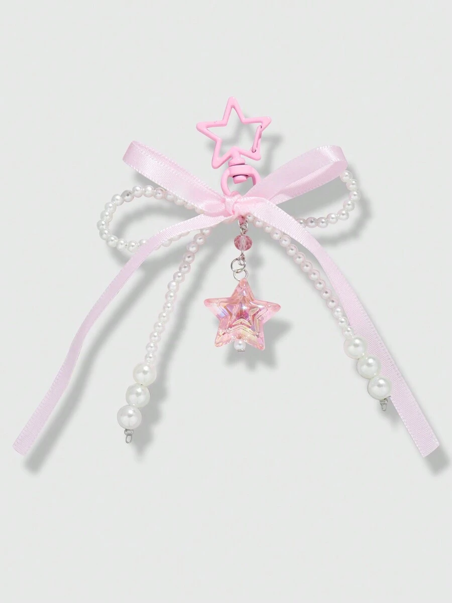 ROMWE Kawaii 1 chiếc nơ ngọc trai đính hạt thủ công đơn giản và dễ thương theo phong cách ngọt ngào thứ hai với ruy băng màu hồng, ngôi sao màu hồng, móc khóa mặt dây chuyền ngôi sao pha lê nhiều màu cho phụ nữ hoặc trẻ em gái, hoàn hảo để đeo hàng ngày hoặc làm quà tặng lễ hội Valentine - Hồng - Xem 1