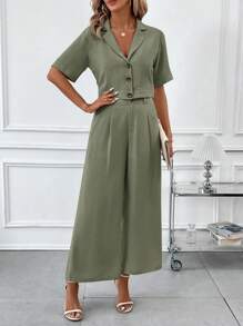 SHEIN Clasi 2 件女式领口腰线口袋短款衬衫和阔腿裤套装 - 軍綠色 - 查看 8