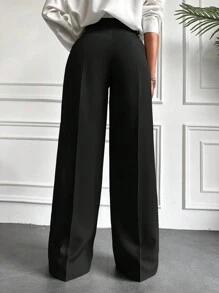EURMUSE Solid Slant Pocket Wide Leg Suit Pants - Black - View 2