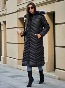 EURMUSE Fur Detailed Zigzag Designed Wintercoat - Black - View 3