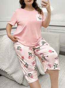 大码花卉印花短袖上衣和裤子睡衣套装