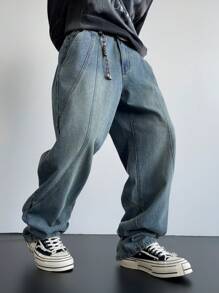 Manfinity EMRG Y2K Retro Streetwear Men's Faded Dark Blue Distressed Flare Leg Jeans With Unique Stitching Design