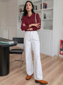 DAZY 1pc Women's Solid Color Long Sleeve Polo Neck Casual Sweater, Business Casual, Autumn/Winter,Fall Women Clothes