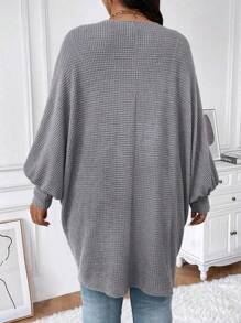Calvaya Plus Size Women's Solid Color Batwing Sleeve Open Front Loose Coat, Spring & Autumn - Grey - View 2