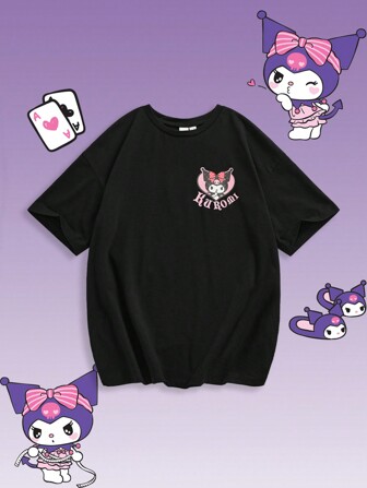 HELLO KITTY AND FRIENDS | SHEIN Tween Girl Cartoon Kuromi Print Black Casual Versatile Short Sleeve T-Shirt, Summer Graphic Tee