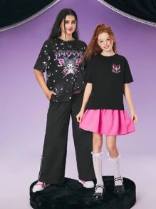 HELLO KITTY AND FRIENDS | SHEIN Tween Girl 卡通  印花黑色休闲百搭短袖 T 恤，夏季图案 T 恤