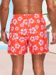CoralVoy Pantalones cortos de playa holgados con cintura elástica y cordón, estampado de flores, para vacaciones, para hombre - Multicolor - Ver 2