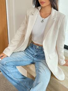 SHEIN EZwear Women's Casual Solid Color Textured Suit Jacket, Spring & Autumn - White - View 3