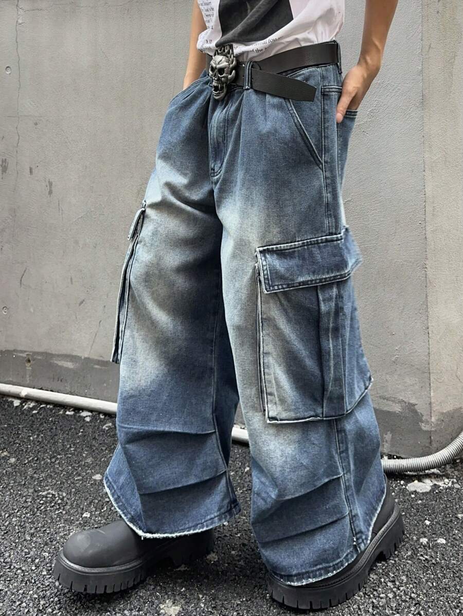 Manfinity Roghcode Men's Washed Faded Denim Jeans - Blue - View 1