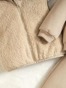 SHEIN Rabbit Pattern Thermal Lined Hoodie, Vest And Pants 3pcs/Set For Baby Girls Autumn/Winter - Khaki - View 13