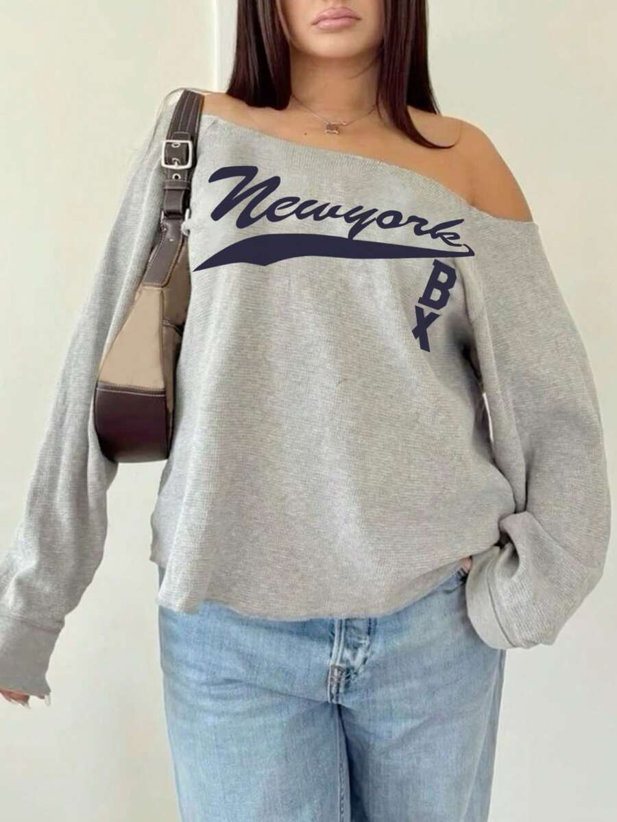 Women's Casual Letter Print Asymmetrical Neckline Long Sleeve Loose Sweatshirt, Spring And Autumn - Grey - View 1