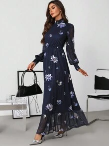 SHEIN Clasi Váy chiffon họa tiết hoa dành cho nữ có cổ và bo gấu, phong cách thanh lịch, nhẹ nhàng phù hợp cho kỳ nghỉ xuân, hè, thu, đông, bãi biển, thời trang dạo phố - Màu xanh hải quân - Xem 1