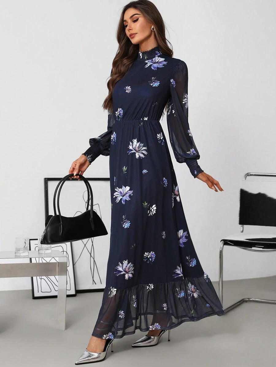 SHEIN Clasi Váy chiffon họa tiết hoa dành cho nữ có cổ và bo gấu, phong cách thanh lịch, nhẹ nhàng phù hợp cho kỳ nghỉ xuân, hè, thu, đông, bãi biển, thời trang dạo phố - Màu xanh hải quân - Xem 1