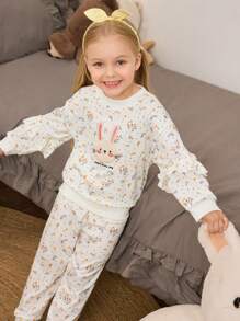 2pcs Young Girl Apricot Minimalist Ditsy Floral & Rabbit Embroidered Print Long Sleeve Pajama Set - Apricot - View 5