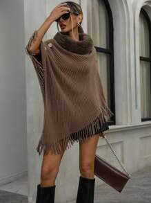 Aveloria Modichic Asymmetric Hem Cardigan With Fur Collar & Tassel Button - Coffee Brown - View 6