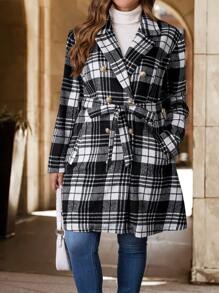 SHEIN Clasi Plus Size Women's Black And White Plaid Metal Button Cinched Waist Jacket, Autumn/Winter
