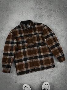 Manfinity Homme Camisa-chaqueta casual a cuadros para hombres, ropa de hombre de otoño e invierno, chaqueta abrigada de invierno